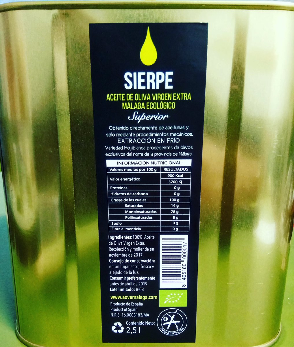 AOVE_Malaga's tweet photo. #AOVE #Ecológico #Málaga #Sierpe monovirietal #hojiblanca extracción en frío #SaboraMálaga recipiente #lata 2'5 litros https://t.co/XCF6NjSGj8