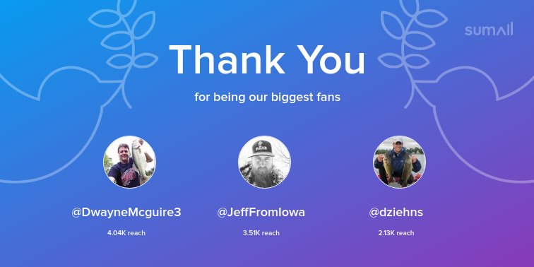 Our biggest fans this week: <a href="/DwayneMcguire3/">Dwayne Mcguire</a>, <a href="/JeffFromIowa/">Whitetail Bucks Wisc</a>, <a href="/dziehns/">Drew ziehnert- Ziehnert Guide Service</a>. Thank you! via sumall.com/thankyou?utm_s…