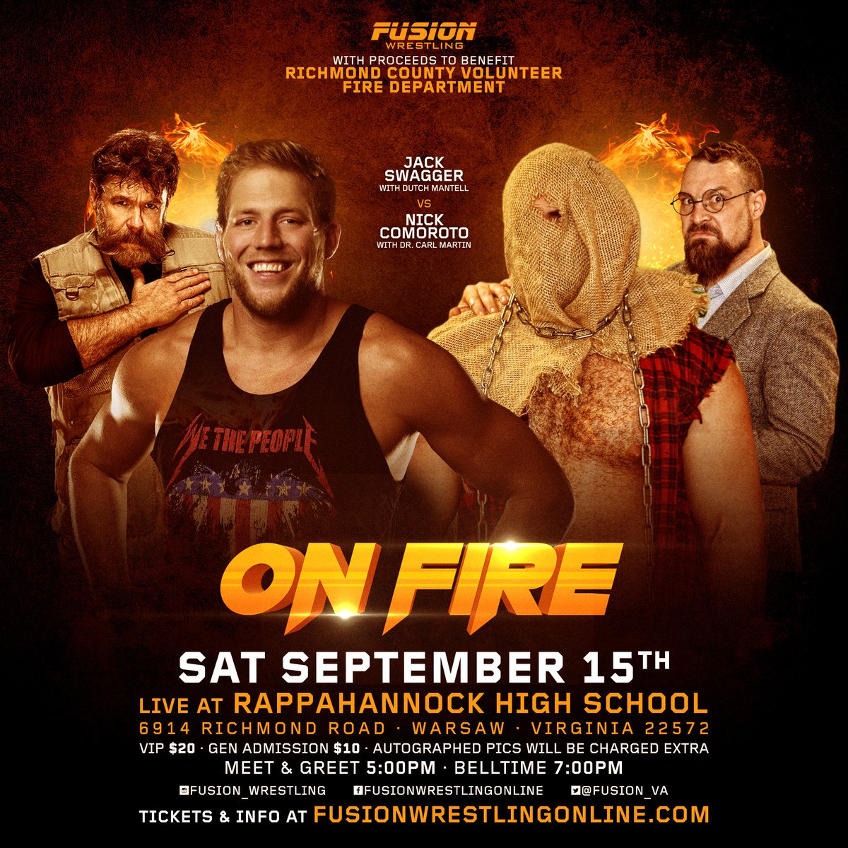 Fusion_VA's tweet photo. Former #WWE World Heavyweight Champion @RealJackSwagger with @dirtydutchman1 in his corner faces "The Freakbeast" @I_AM_NICHOLAS91 with @Dr_C_Gotcha 
9/15
Rappahannock High School
Warsaw, VA
Get Your Tickets Now!
https://t.co/mx1aGdmetv https://t.co/acP1OMil1m