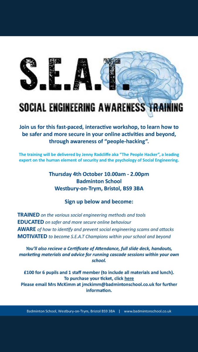 BadmintonSchool's tweet image. We are holding a fascinating workshop in order to help pupils understand &amp;amp; be more aware of their online actions and 'people-hacking.' This talk is looks to be one of a kind so make sure you book your place by emailing jmckimm@badmintonschool.co.uk @JennyRadcliffe #peoplehacking
