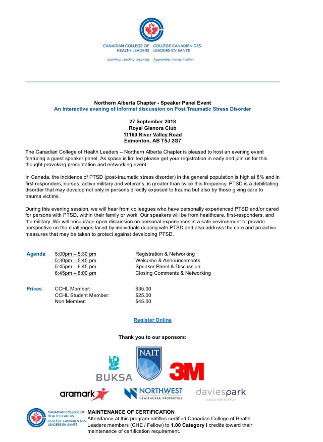 cchl_nac's tweet photo. Sept 27 - An interactive evening of informal discussion on Post Traumatic Stress Disorder - speakers will be from healthcare, first-responders, and the military. Register: https://t.co/U7mfRHJaTt #CCHLeader #CCHLDifferenceMaker https://t.co/E7VCB7Pxtm