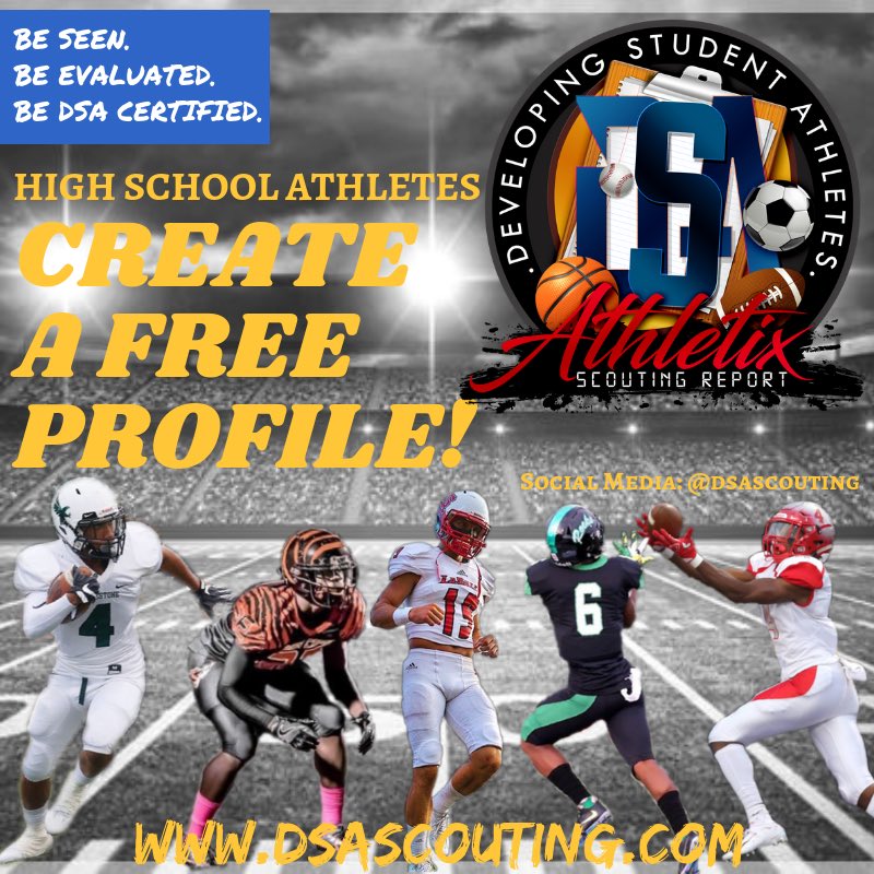 DsaScouting's tweet image. Be Seen | Be Evaluated | Be DSA Certified dsascouting.com VISIT OUR SITE TODAY!!! FREE SERVICE FOR HIGH SCHOOL ATHLETES!!! Sign up TODAY!!! #dsacertified #beevaluated #beseen #recruiting #highschool #athletes #college #theprocess