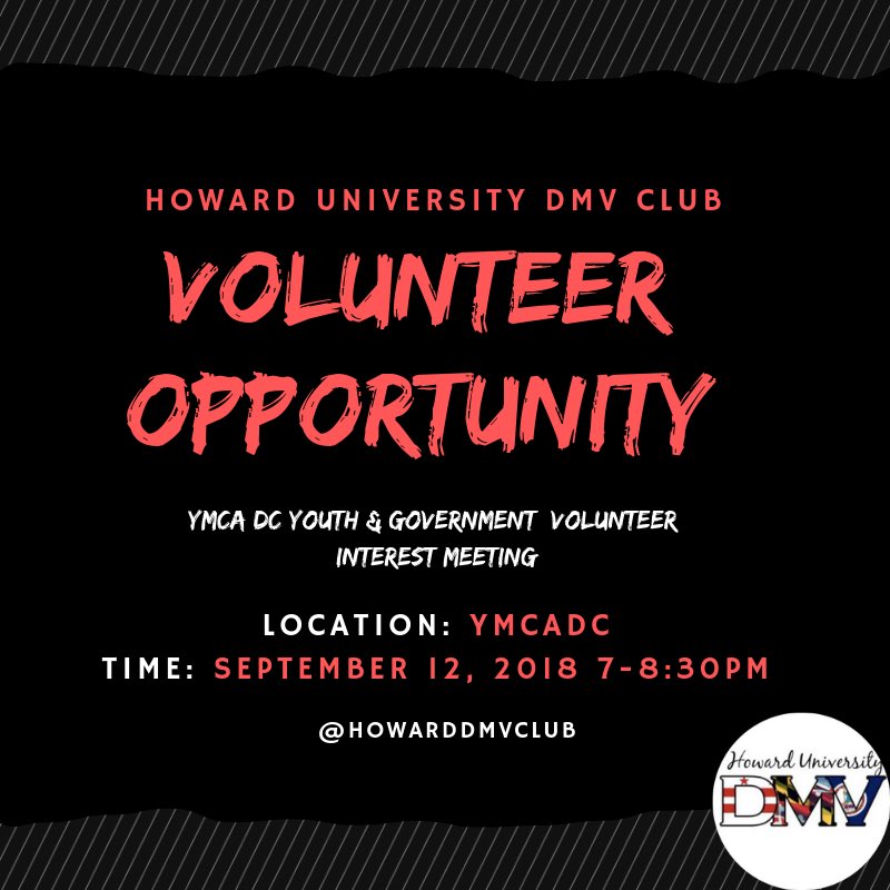 HowardDMVClub's tweet photo. YMCADC is looking for volunteers to help their DC Youth &amp; Government Program. If you’re interested, come out to the interest meeting on September 12th from 7-8:30. See you there! #HU22 #HU21 #HU20 #HU19 https://t.co/5uQ6MpOiUk