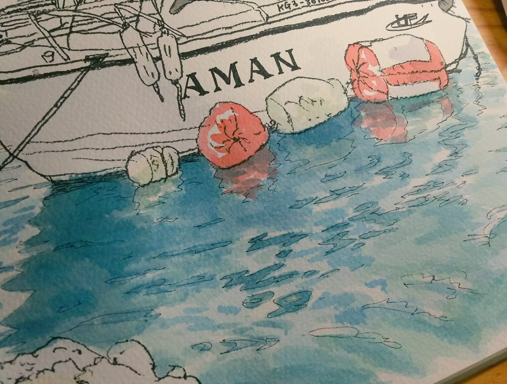 Tama ゆんこイラスト 失敗は怖いけど 新しいことに挑戦しないと新世界には行けないのだ 海の表現は難しいなー もー 水彩画 透明水彩 ミジェロ 初めての絵の具 初めての水彩紙 ペンスケッチ