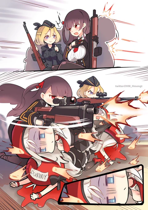 Girls Frontline English ver.
It's very hard to translate 3rd page.
The gag is about JP quotes of WA2000 on her MVP "Hora, kansha shi nasai yo."
and "homete homete" of G41.
Then, I decided to use Romaji for this gag. Hope it's work. 