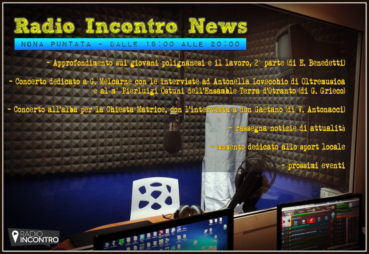 ri93900's tweet photo. A breve la 9° puntata di #RadioIncontroNews, sulla frequenza 93.9 in Fm (zona Polignano) e in streaming audio sul sito https://t.co/jZTntam4uz. Tra musica e parole ci occuperemo del lavoro giovanile locale, del concerto di OltreMusica e di quello all'alba per la Chiesa Matrice. https://t.co/LGNqjVpVTo
