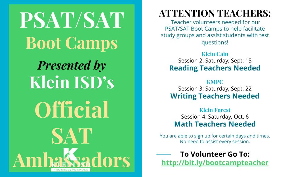 ImeeElizabeth's tweet photo. Attention all @KleinISD High School teachers!! Please help support our Official SAT Ambassadors by volunteering to facilitate PSAT/SAT study groups this month. You can sign up here https://t.co/FWckc5PJn1.  @KleinOakSATprep @Kats_take_SAT @EaglesSAT @KleinCain @KleinCollins https://t.co/OQxzUlr3PC
