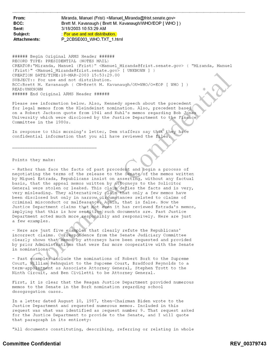 SenatorLeahy's tweet image. BREAKING: Kavanaugh testified he never received any docs that even “appeared to … have been drafted or prepared by Democratic staff.”  Well, he got 8 pages of material taken VERBATIM from my files, obviously written by Dem staff, LABELED “not [for] distribution”.