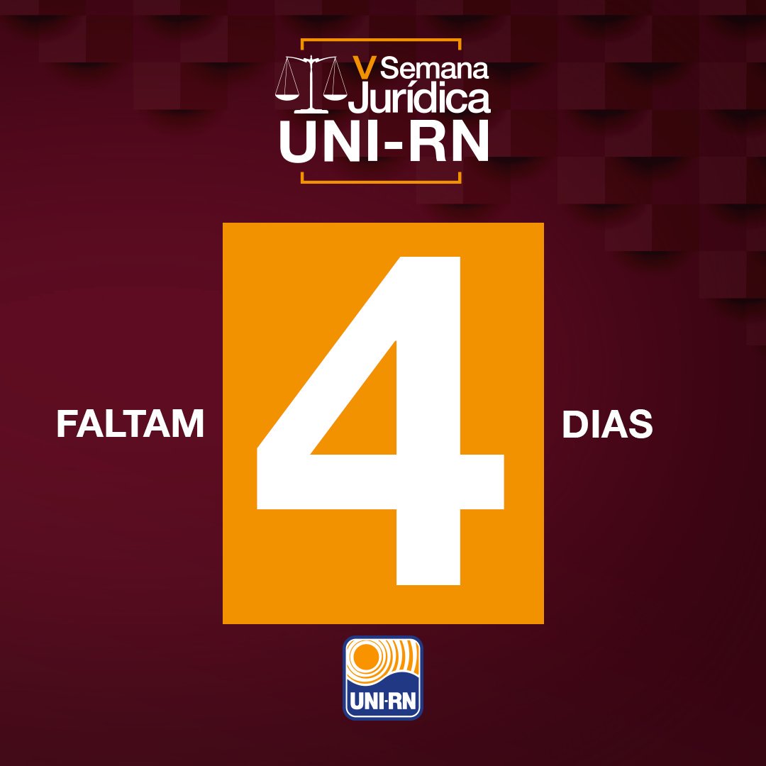 SJUNIRN_'s tweet photo. Faltam apenas 4 dias para a V Semana Jurídica do UNI-RN! 

INSCRIÇÕES: https://t.co/ZtUfW6aHSq

#VSJUNIRN #SJUNIRN #CRFB30ANOS #direito https://t.co/grqdzScfcX