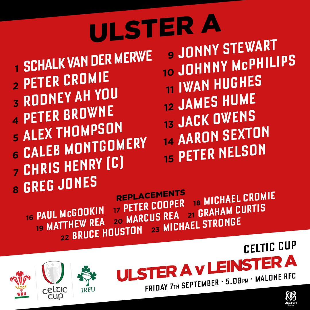 UlsterRugby's tweet image. Here is the Ulster A squad that will take on @leinsterrugby A in the opening round of the new Celtic Cup tomorrow evening 👇

Full match-day 23 details ➡ ulsterrugby.com/news/17606.php
