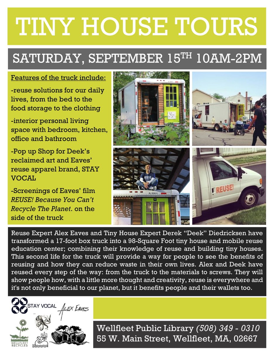 Hey! The Library is hosting a #Reuse event on Sept. 15th with Alex Eaves who will be giving tours of his Tiny Home, showing a documentary about reusing (@reusebecause), and our own Outreach Coordinator, Gabrielle Griffis, will be leading a Collage workshop w/reusing old books!
