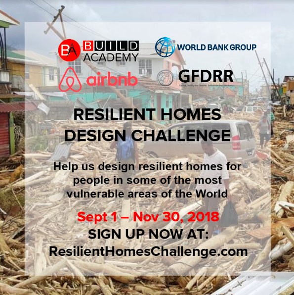 BuildChange's tweet photo. Build Change is happy to join @WorldBank, @BuildAcademyNY, @Airbnb, and @GFDRR in the Resilient Homes Challenge, calling on architects and engineers to design sustainable, safe homes for people in some of the most vulnerable areas. To sign up today visit https://t.co/pmAtYLDqmc. https://t.co/i0D9ZjFZ3c