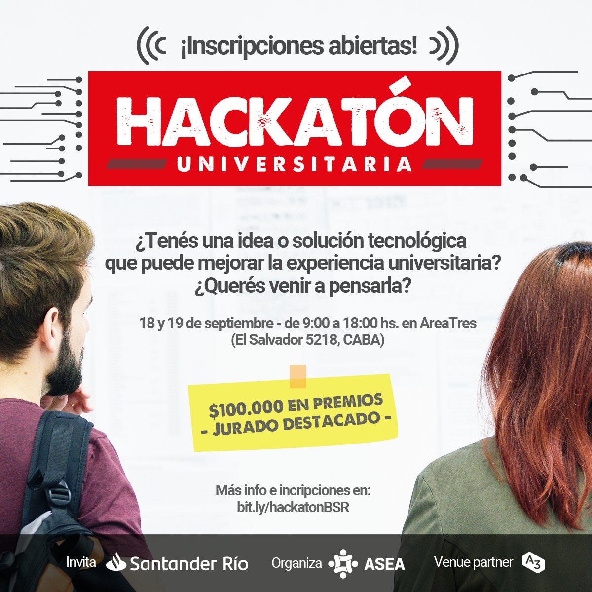 Los amigos de @asea_arg están organizando una Hackatón Universitaria los días 18 y 19 de septiembre, si les interesa acá info &amp; postulaciones bit.ly/hackatonBSR  #HackatonBSR
