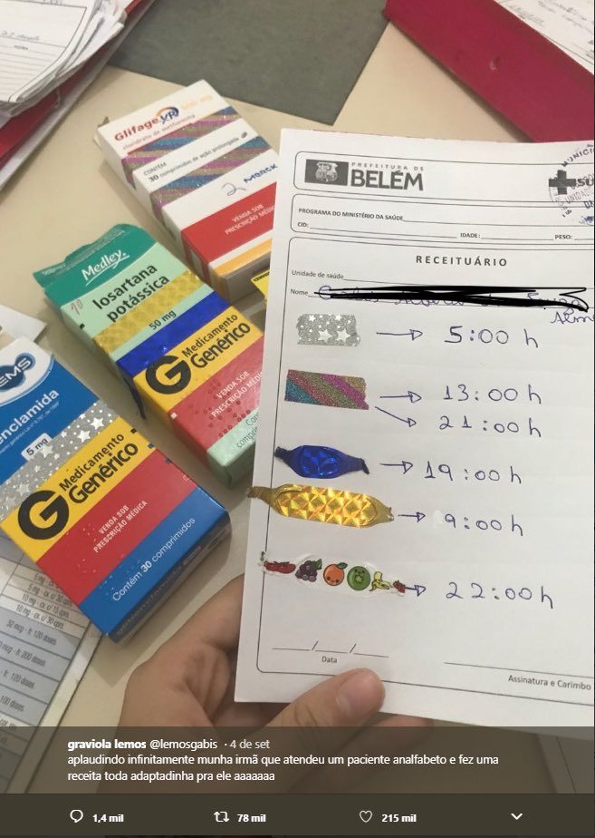 FotosDeFatos's tweet photo. Manuela Lemos é estagiária de Medicina na Unidade Básica de Saúde Condor, em Belém, no Pará, e usou fitas coloridas em uma receita para ajudar um paciente analfabeto a identificar qual remédio deveria tomar em determinado horário. #Respect 👏👏👏 https://t.co/fCBYedlUE2