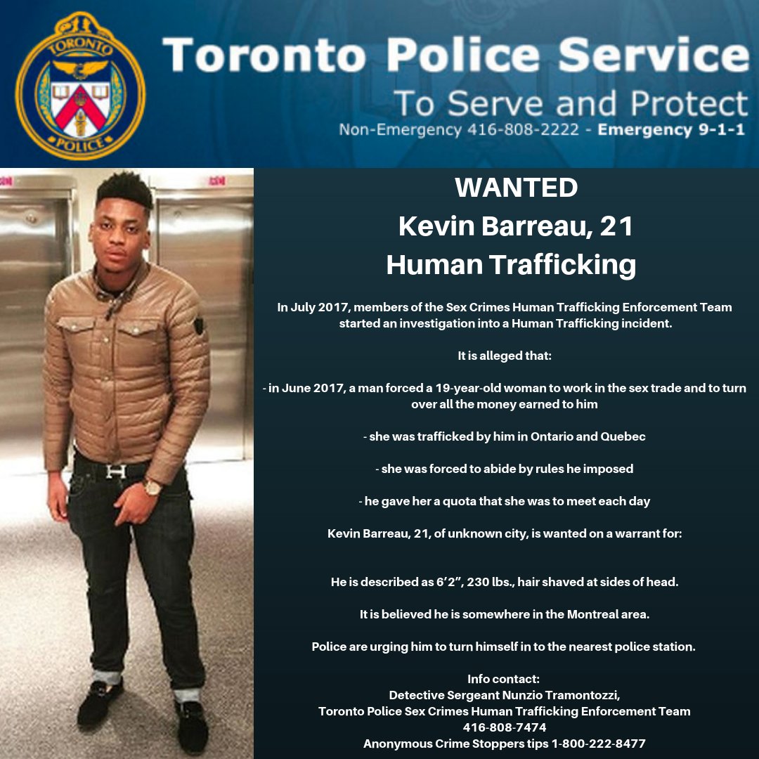 Please retweet: Wanted by Toronto Police Sex Crimes for Human Trafficking Kevin Barreau, 21. Believed to be in Montreal. If you have info contact 416-808-7474. Anonymous Crime Stoppers tips 1-800-222-8477 Full info: TPS.to/42026 #HT
