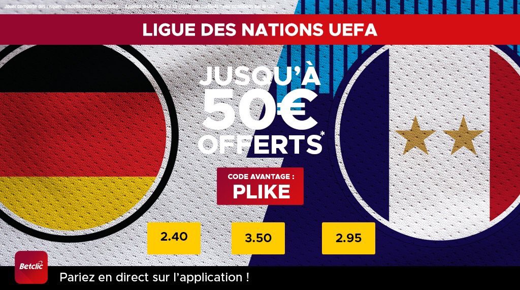ScrimsX's tweet image. #OffreSpecial 😱
France 🇫🇷 / Allemagne 🇩🇪 
C’est se soir a 21h !! 

Vous avez 50€ offerts pour parier sur ce match avec le code PROMO 👉 PLIKE 

T’attends quoi pour profiter de l’offre ?
Inscrivez vous vite ici ⬇️⬇️
bit.ly/2J8BzMp

#Teamparieur #Parionssport