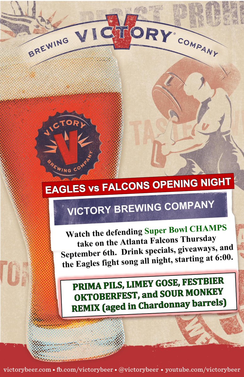 I'll be <a href="/AsburyBar/">Asbury Provisions</a> tonight to watch the <a href="/Eagles/">Philadelphia Eagles</a> kickoff the season against the Falcons.  <a href="/VictoryBeer/">Victory Brewing Co.</a> beer specials, giveaways, and Eagles trivia throughout the game.  Sneak peek: Who holds the record for the longest punt in Eagles history?
 #flyeaglesfly #ontheroadtoVICTORY