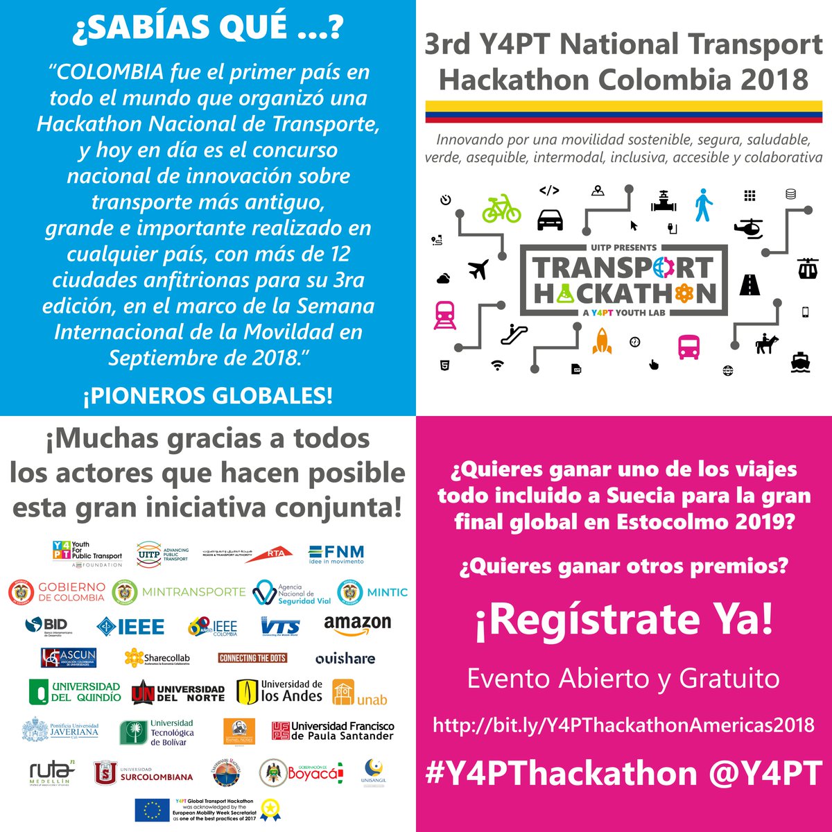 Y4PT's tweet photo. ⚠️SabíasQue la1° #Hackathon nacional de #Transporte 🚦del mundo tuvoLugar en #Colombia 🇨🇴y ahora esEl concurso na'l de #Innovacion 🚀sobre t'porte másGrande en cualquierPaís conMásDe 12ciudadesSede durante su3°Edición enEl marco deLa #MobilityWeek 2018 https://t.co/h0otB2F0HV https://t.co/JOD8s8D001