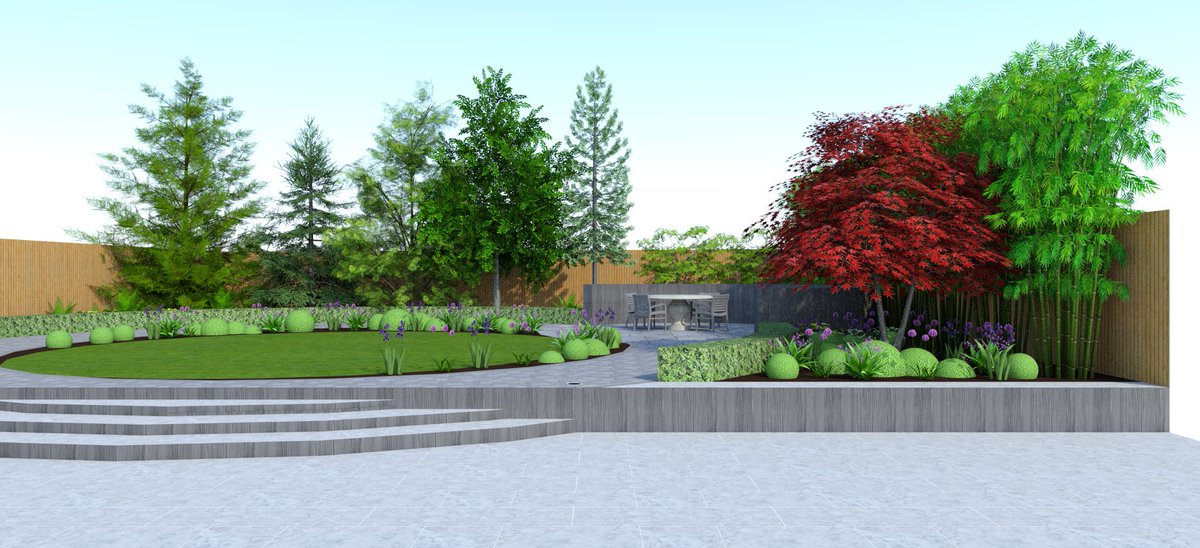A circular design is a great way to maximise space. Here we've also added some bold planting for year round interest. #gardendesign #Northamptonshire