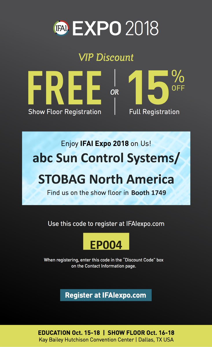 abcSunControl's tweet image. Join us at the IFAI Expo in Dallas, TX this year ! We will be exhibiting alongside STOBAG North America Corp. (Booth # 1749). We&apos;d love to see you !