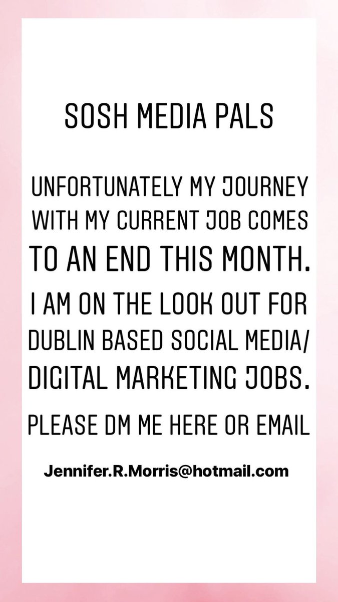 Hi Guys, my current role will be finishing at the end of the month and I am looking for Dublin based job opportunities in Social/Digital Media.

Please Re-Tweet if you can. #DublinJobFairy