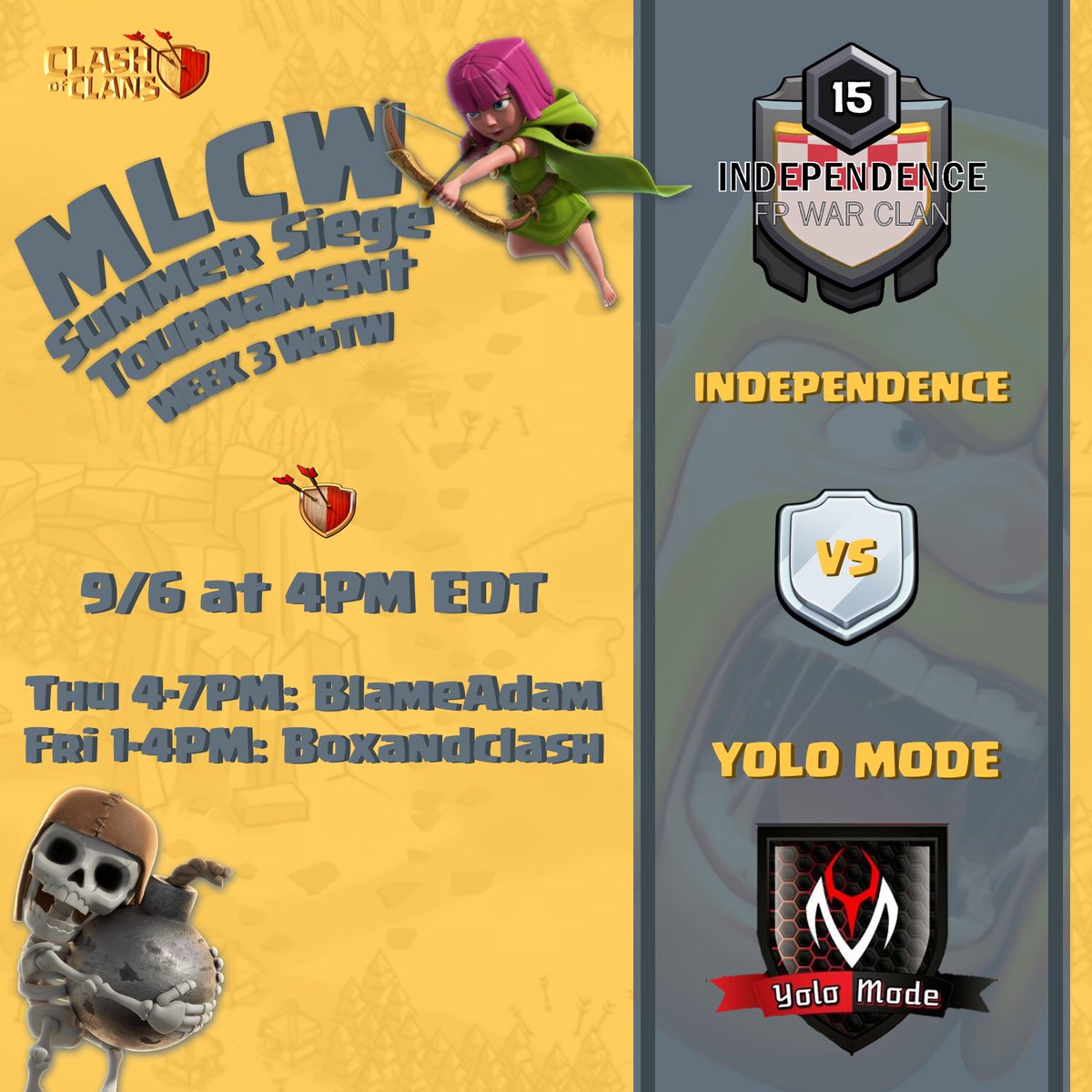 For this week’s WoTW we present <a href="/Am_Independence/">INDEPENDENCE</a> taking on the infamous <a href="/YoloModeCoc/">Yolo Mode CoC</a> ! Tune in this afternoon/ tomorrow!