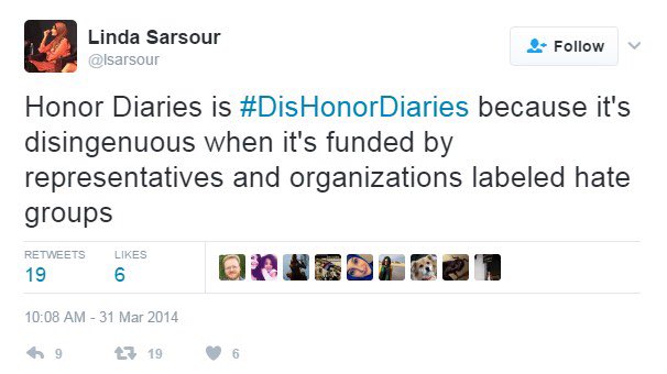 In 2013, a movie called Honor Diaries came out. It featured 9 courageous women's rights advocates w/connections to Muslim-majority societies engaged in a dialogue about gender inequality.These women witnessed firsthand the hardships women endure. LS campaigned against them.