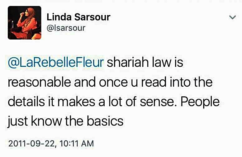 Linda has long been known to not only whitewash shariah, but enthusiastically support it while trampling on the most vulnerable women in the world living under it.
