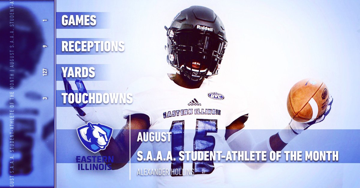 eiu_saac's tweet photo. The votes are in! Congrats to @eiu_fb’s very own Alexander Hollins for being voted as the @eiu_saac #studentathlete of the month for the month of August! Well deserved after 9 rec., 127 yards, & 3 tds. against Arkansas! #ovcsaac #bleedblue #pantherpride #rollthers #allgasnobreaks https://t.co/s0p0LcFnEB