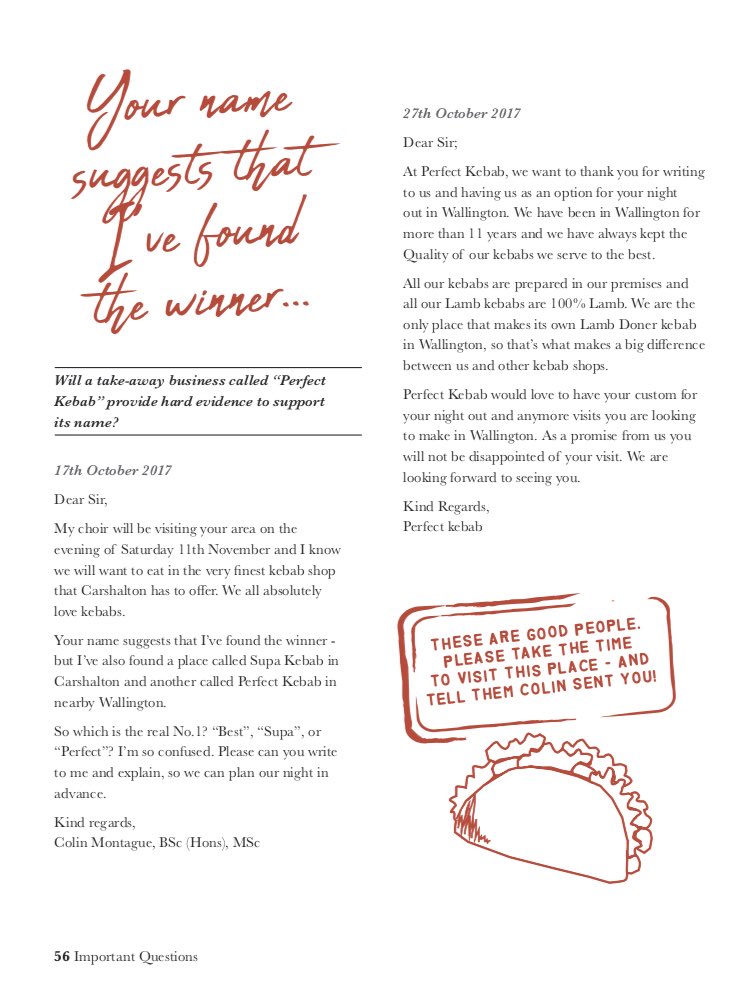ElsonPhil's tweet photo. Thx to this kebab shop for the great reply to my alter ego Colin’s bizarre letter! You’re FANTASTIC! 🤗 My letter and your response (and many others like it) are in my latest book, “Colin’s Correspondence: Humorous Letters to Companies &amp; Institutions” on Amazon. https://t.co/BgHvui1Nia