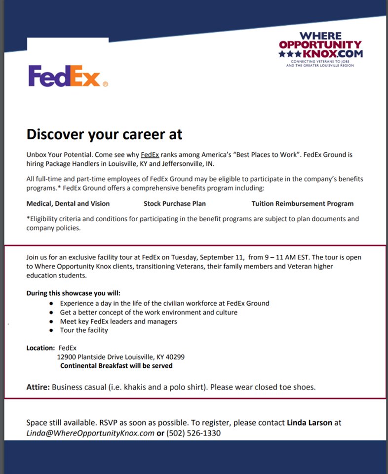 WhereOppKnox's tweet photo. Join us on September 11th for an exclusive facility tour and learn why FedEx ranks among America's "Best Places to Work." https://t.co/qJN9PmytG1