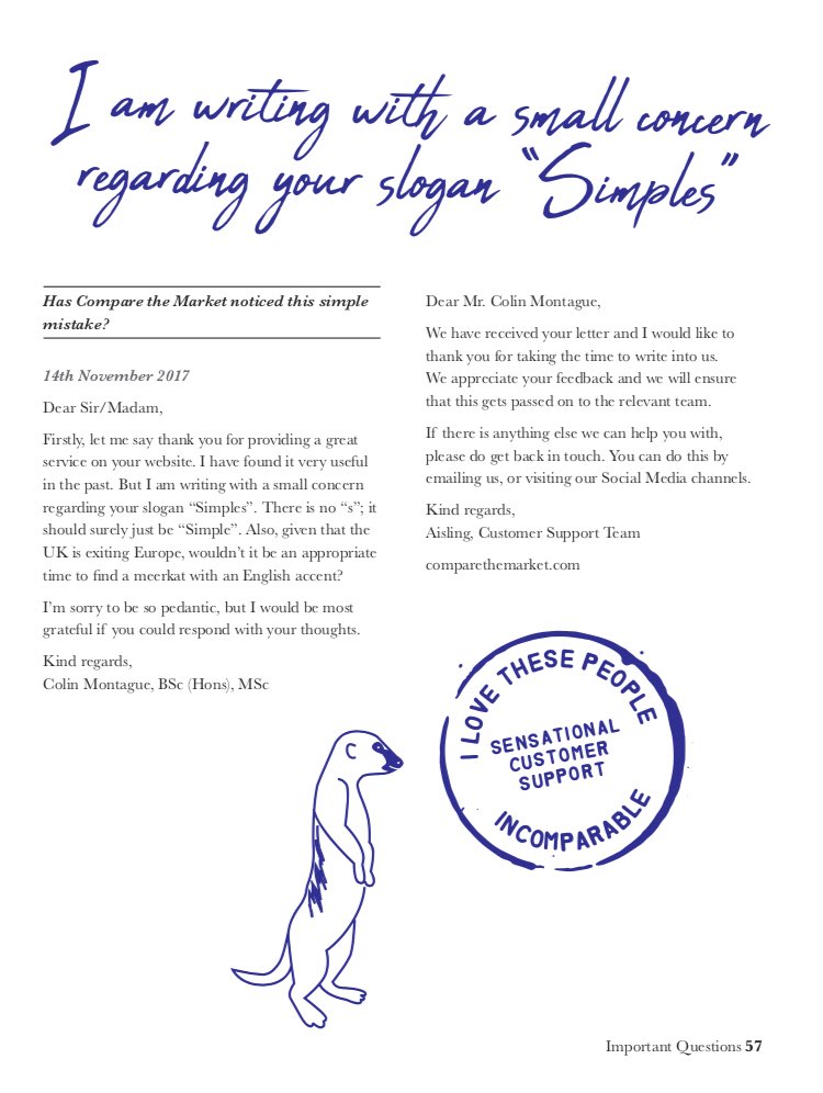 ElsonPhil's tweet photo. Thx so much @comparethemkt for your great reply to my alter ego Colin’s bizarre letter! You’re FANTASTIC! 🤗 My letter and your response (and many others like it) are in my latest book, “Colin’s Correspondence: Humorous Letters to Companies &amp; Institutions” on Amazon. https://t.co/Mg6su3NeME