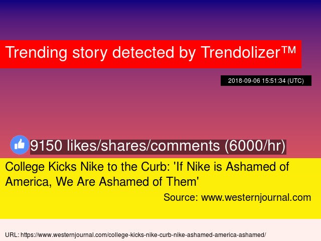 Trendolizer's tweet image. #CollegeKicks#Nike to the Curb: 'If #Nike is Ashamed of #America, We Are Ashamed of Them' trendolizer.com/2018/09/colleg…