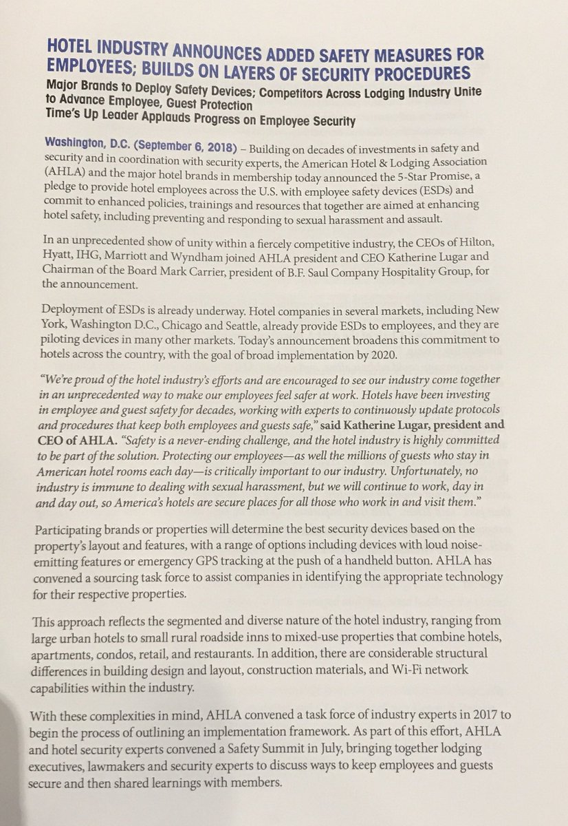 malbertnews's tweet image. JUST IN: Confirming @HearstTV National Investigative Unit story, @AHLA, @HiltonHotels, @Hyatt, @IHG, @Marriott, @WyndhamRewards pledge #panicbuttons, other safety measures for hotel workers nationwide; “goal of broad implementation by 2020,” industry says: