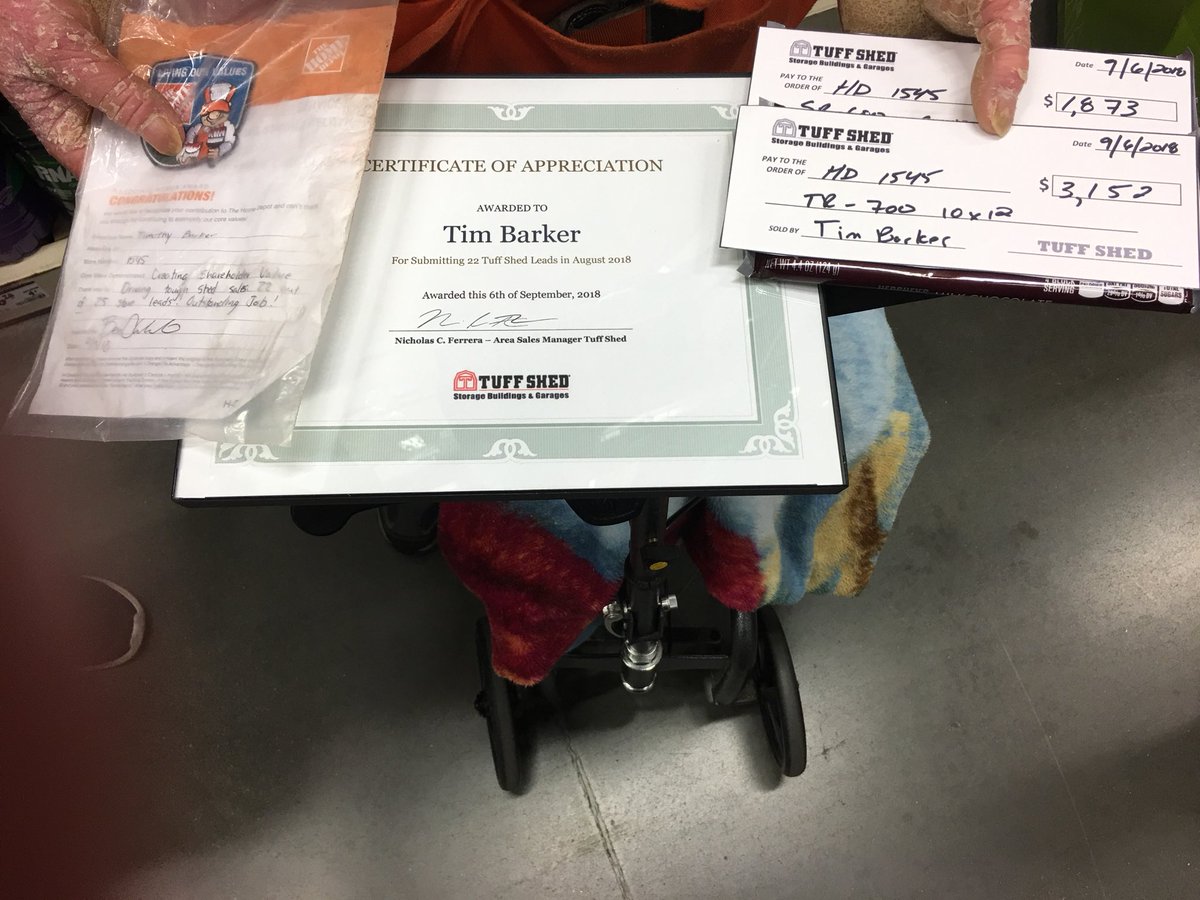 TuffShedNick's tweet photo. Today I got the chance to present Tim Barker at the Sterling Home Depot with two Cha Ching Checks and a Certificate of Appreciation.  Tim submitted 22 Tuff Shed leads in the month of August!!!  @rick_constance @tuffshedchris @leeroth77 @rod_tewalt @HDLataille https://t.co/AltHmDVk5E