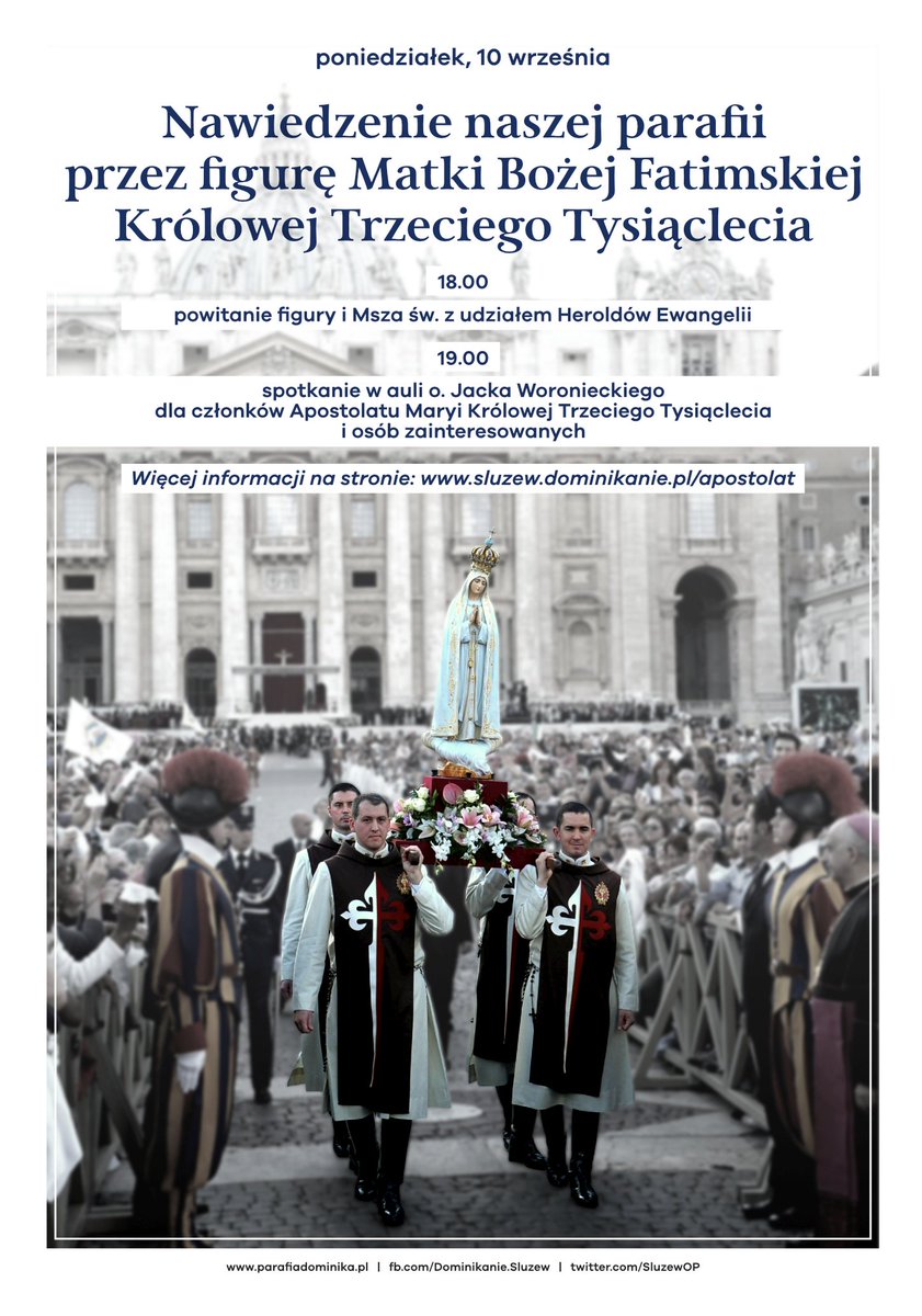 DiakoniaMB's tweet photo. Już w poniedziałek u dominikanów na Służewie!  :)  Powitanie figury Matki Bożej Fatimskiej z udziałem Heroldów Ewangelii #apostolat Zapraszamy na mszę o 18:00 https://t.co/0B12OGoICY