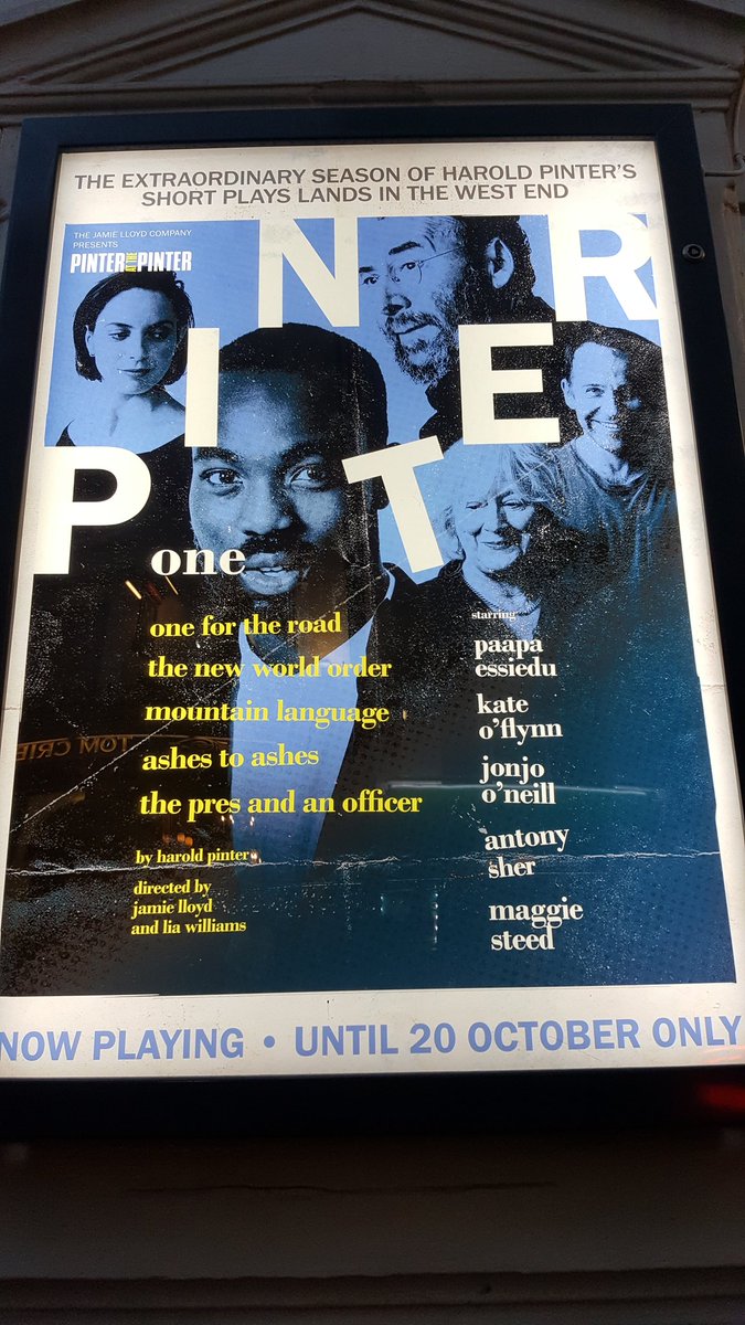katri_leikola's tweet photo. The 1st preview of first #PinterAtPinter set of plays is about to start. Directed by Lia Williams and @LloydJamie Quite excited even if my seat is a bit far. More Pinter in January! Thanks @JamieLloydCo #theatre #London https://t.co/ThzLrfLeBK