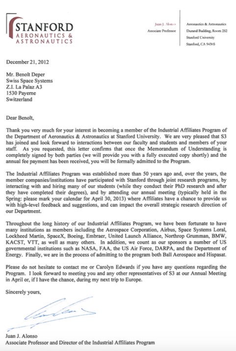 3/13 Décembre 2012. <a href="/Stanford/">Stanford University</a>  "we are very pleased that S3 has joined and look forward to interactions between our faculty and students &amp; members of your staff" 
#teamS3fantastique #expatsapayerne #tempspresent #credibiliteetsavoirfaire <a href="/24heuresch/">24 heures</a>  <a href="/CAnsermoz/">Claude Ansermoz</a>  <a href="/JABLAWCH/">Jacques Barillon</a>