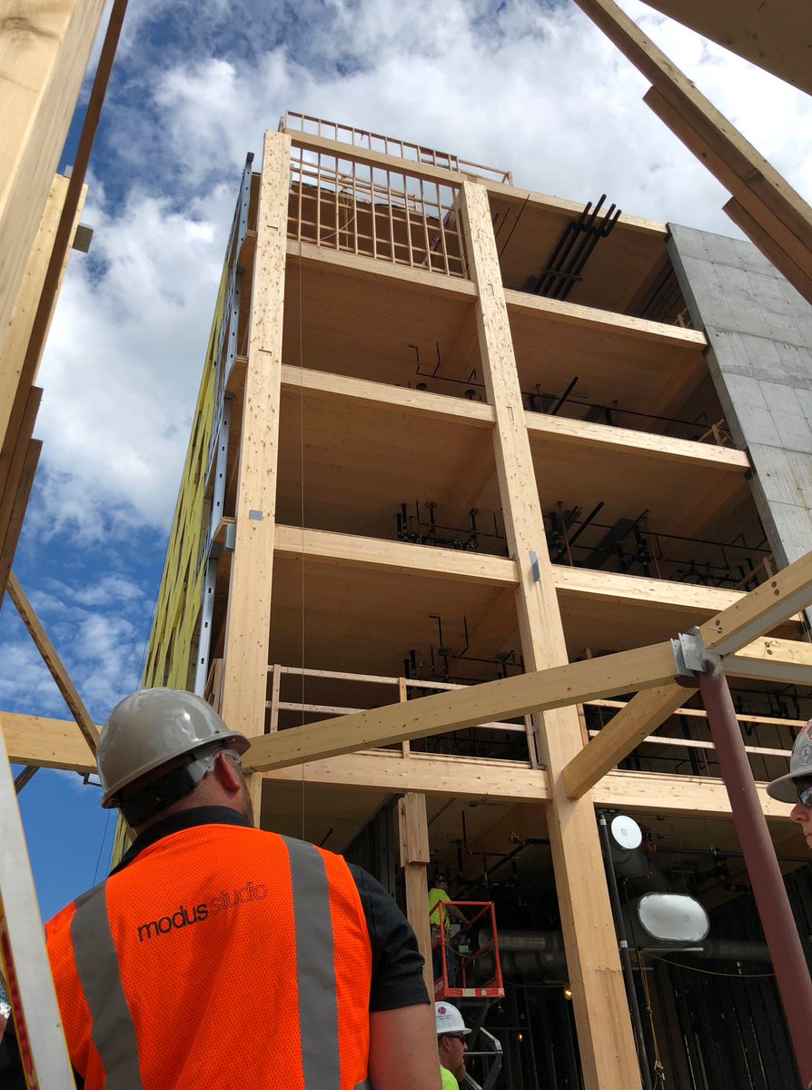 modusstudio's tweet photo. The mass timber structural system is going up at the new Stadium Drive Residence Halls.  Created by the design collaborative of modus studio, @LeersWeinzapfel, @MackeyMitchell, and @theOLINstudio , this is the first large-scale mass timber residence hall in the nation! #modusX https://t.co/qY10YXgqhU