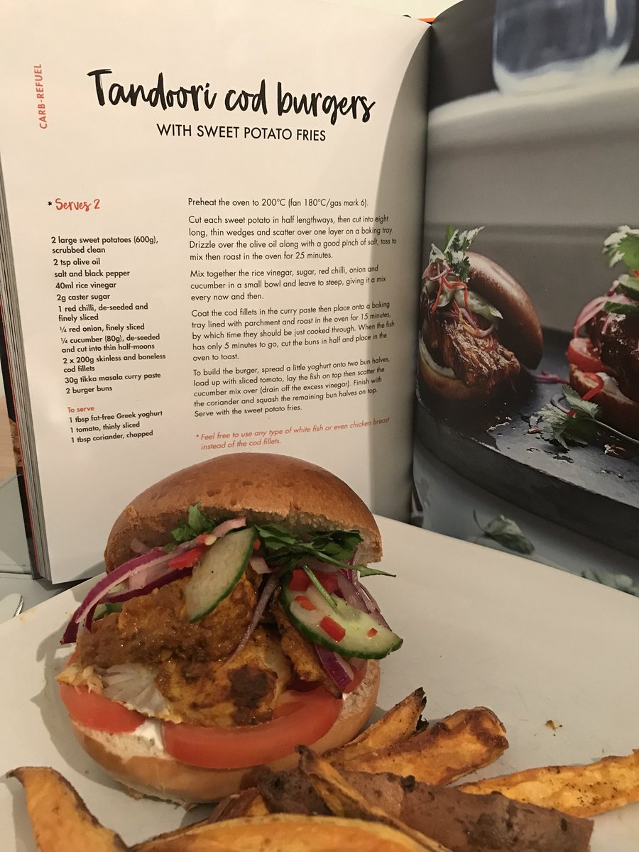 AmandaHewish's tweet photo. Could not wait to munch this! 😍 Early birthday present of @thebodycoach’s new #30MinuteMeals book.. Tandoori Cod Burger was first on the list &amp; it went down a treat 👌🏻 Thanks so much Joe! 🙌🏻 https://t.co/jBKfRJkzFr