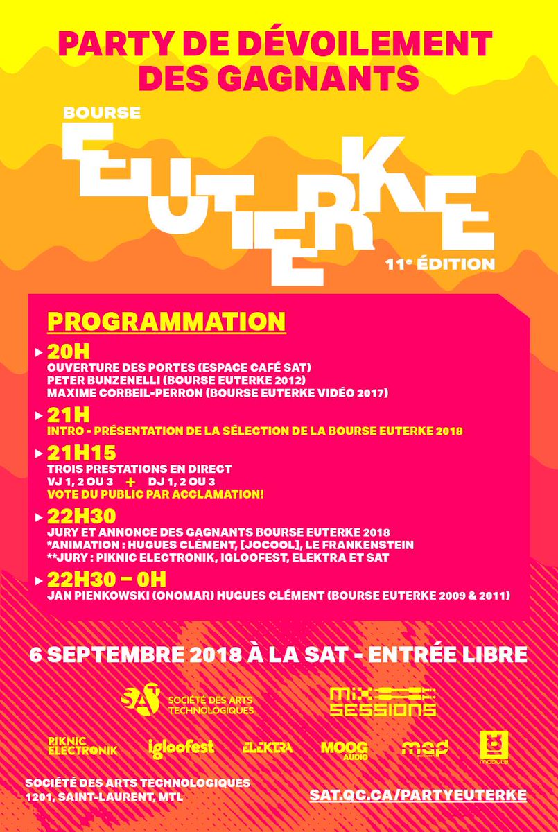 In support of emerging creators and in memory of François Dumouchel (Euterke), I'll be closing off this year's Bourse Euterke awards ceremony with a DJ set from 22:30-24:00 tonight at <a href="/SATmontreal/">Société des arts technologiques</a> . Come earlier to see the finalists battle for the grand prize! #mtlmoments #mtl