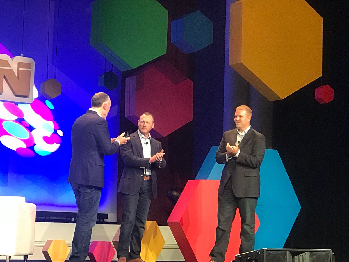 Presidio's tweet photo. CEO Bob Cagnazzi (@bcagnazz) welcomes Chris Barney (@cbarney6) of RedSky (@goredsky) and Jamie Anderson (@jamieand78) of Emergent Networks (@Emergent_NOC) to the @Presidio team at Exchange18! #FutureBuilt https://t.co/kH4V0LaUmP