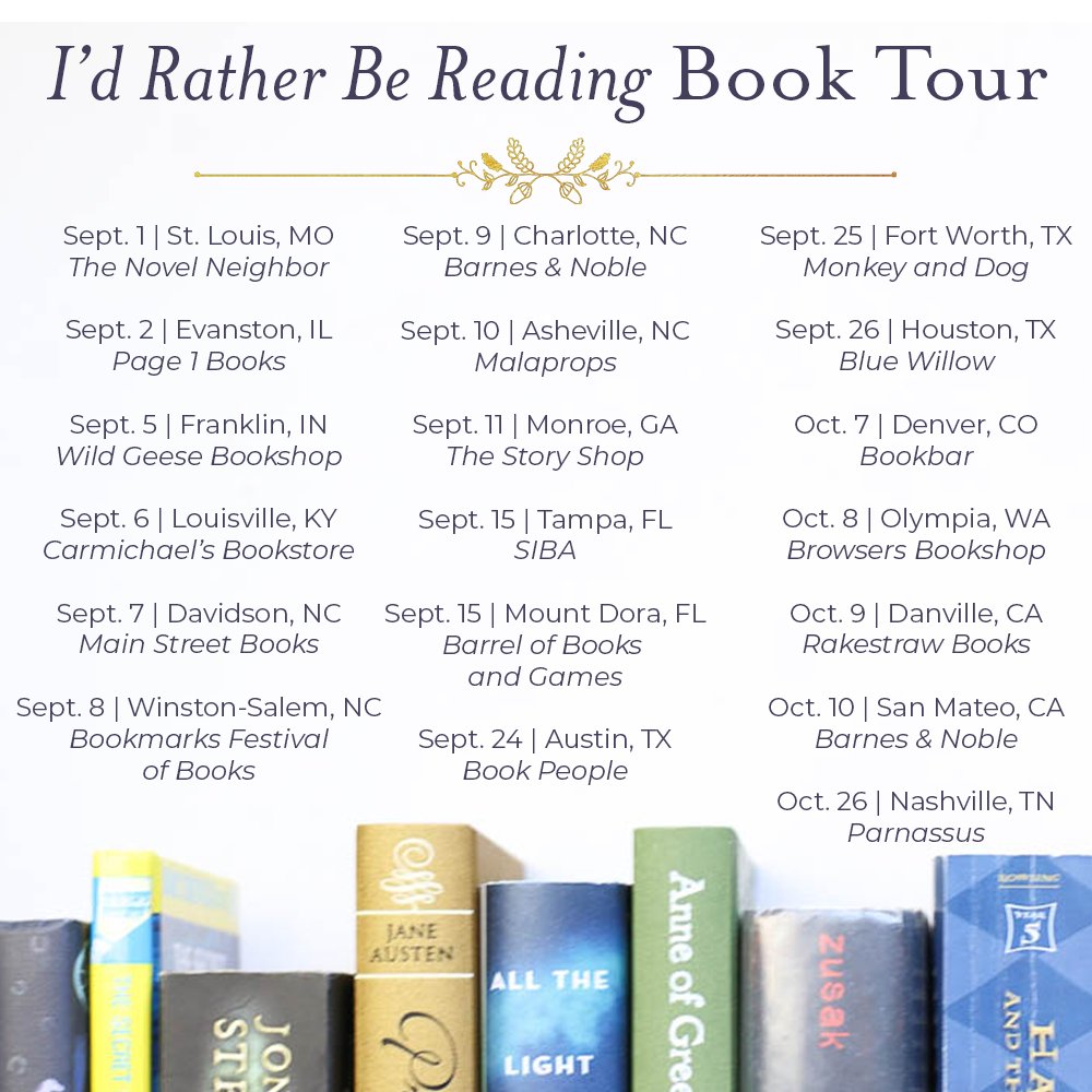 I've got Carolina on my mind with #IdRatherBeReading book tour stops at @mainstbooksdav @BookmarksNC @BNCarolinaPlace @Malaprops  this weekend. Plus a quick trip to @StoryShopMonroe in Georgia. Full details and future travels here 👉  buff.ly/2M2jhls