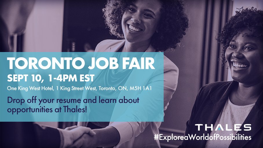 ThalesCanada's tweet photo. We’re less than a week away from the @JobsCanadaFair in #Toronto @OneKingWest! Are you #resumeready? Come meet w/ hiring managers in #software, #systemsdesign & #ivvq, to learn about our #jobopportunities: https://t.co/OtVJiSdwQy #ExploreaWorldofPossibilities https://t.co/mhcKWnns9f