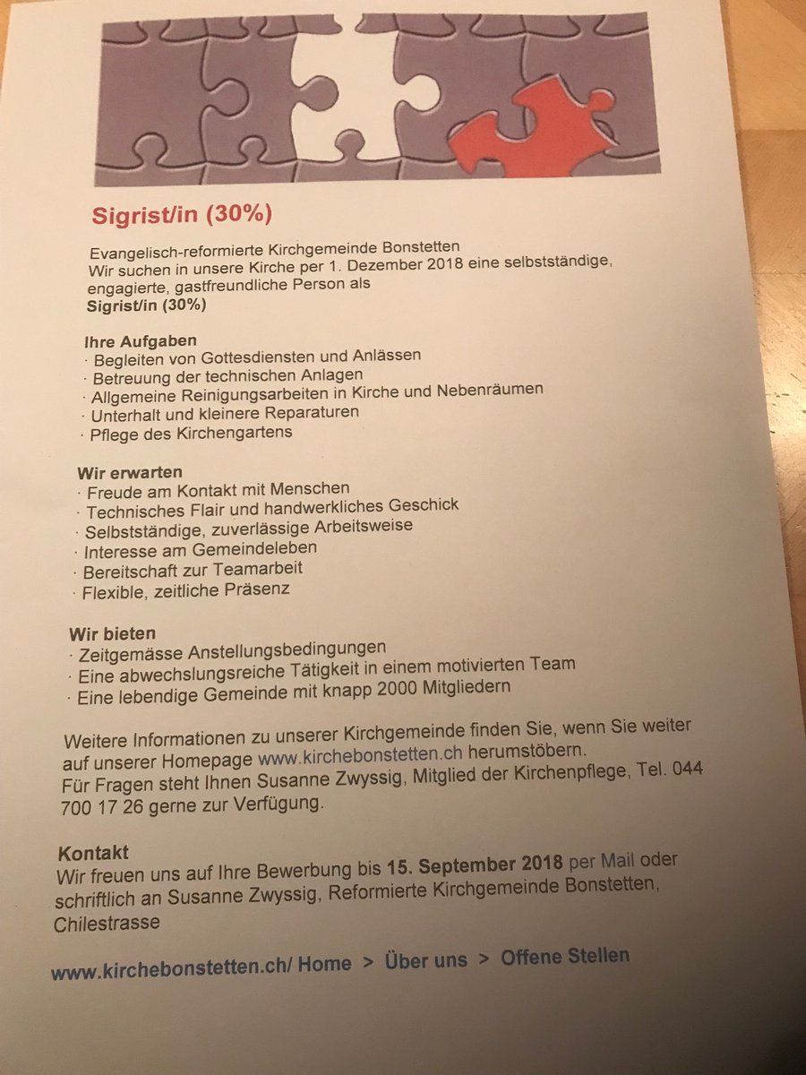 Die reformierte Kirche Bonstetten sucht per 1. Dezember eine(n) neue(n) Sigrist(in). Bei Interessebitte melden. Jobdeskript siehe unten #kirchebonstetten #bonstetten