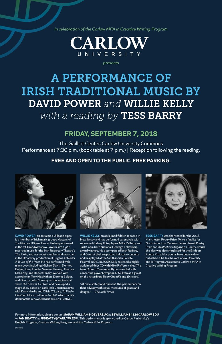 Delighted and honored to be reading alongside the brilliant musicians @davidpowerup and Willie Kelly @CarlowU tomorrow evening in celebration of the @CarlowMFA program. #poetry