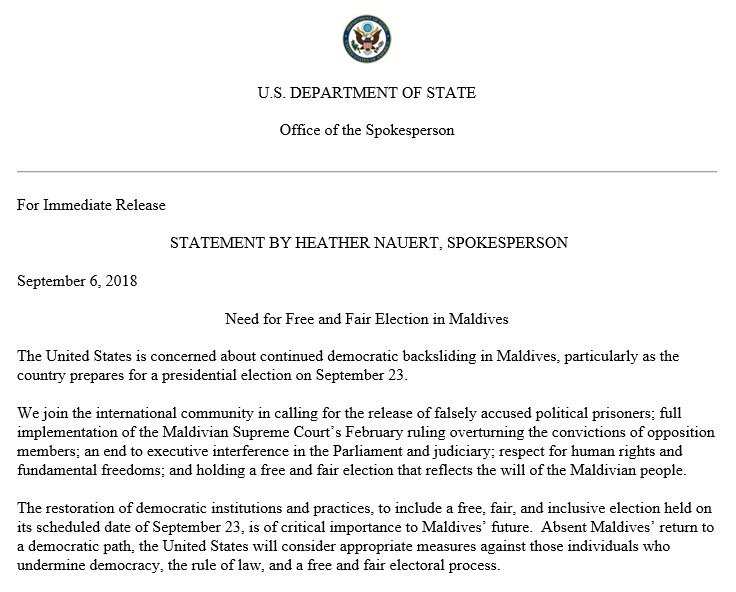 A statement by Spokesperson Heather Nauert on Need for Free and Fair Election in Maldives, September 6, 2018.
