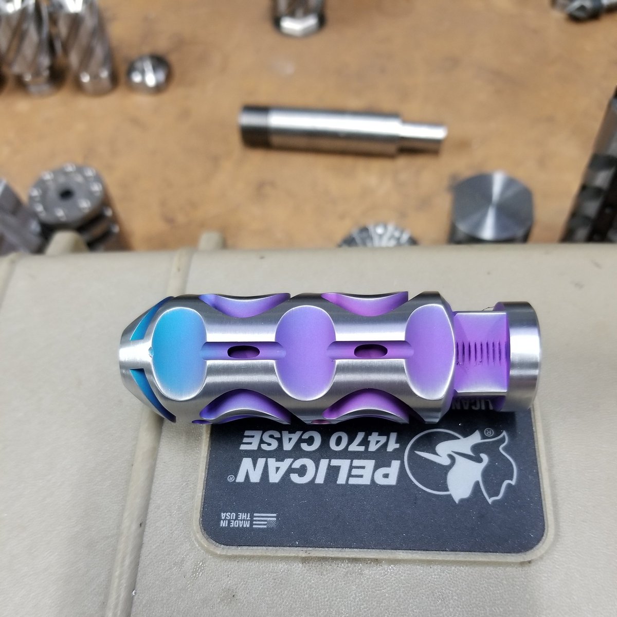 TacAdvanArmory's tweet photo. Top view of a PM series Ti brake in an electro-anodized and natural brushed Ti finish. This brake looks crazy from every angle... #TiCamo #TiMuzzleBrake #muzzlebrake #titanium #ar15 #ar15build #ar15porn #gun #guns #gunporn #follow #awesome #look #madeinamerica #madeinusa #merica https://t.co/o345v29FUO