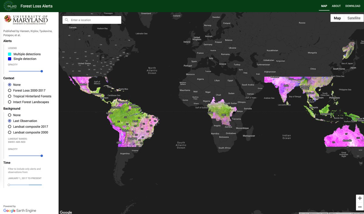 New @UMD_GLAD #Forest #Alerts interactive #map and #data download page: glad-forest-alert.appspot.com #forestmonitoring #remotesensing #Landsat #tropics #globalchange