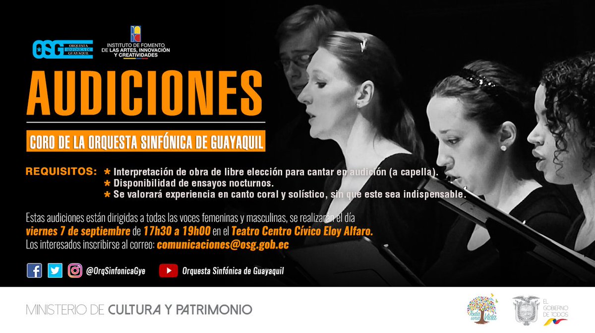 SinfonicaDeGye's tweet photo. AUDICIONES | Dirigidas a voces masculinas y femeninas, para el Coro de la Orquesta Sinfónica de Guayaquil, si estás interesado puedes inscribirte al correo-e comunicaciones@osg.gob.ec #PasiónMusical #AudicionesOSG https://t.co/UMtE4jDymL